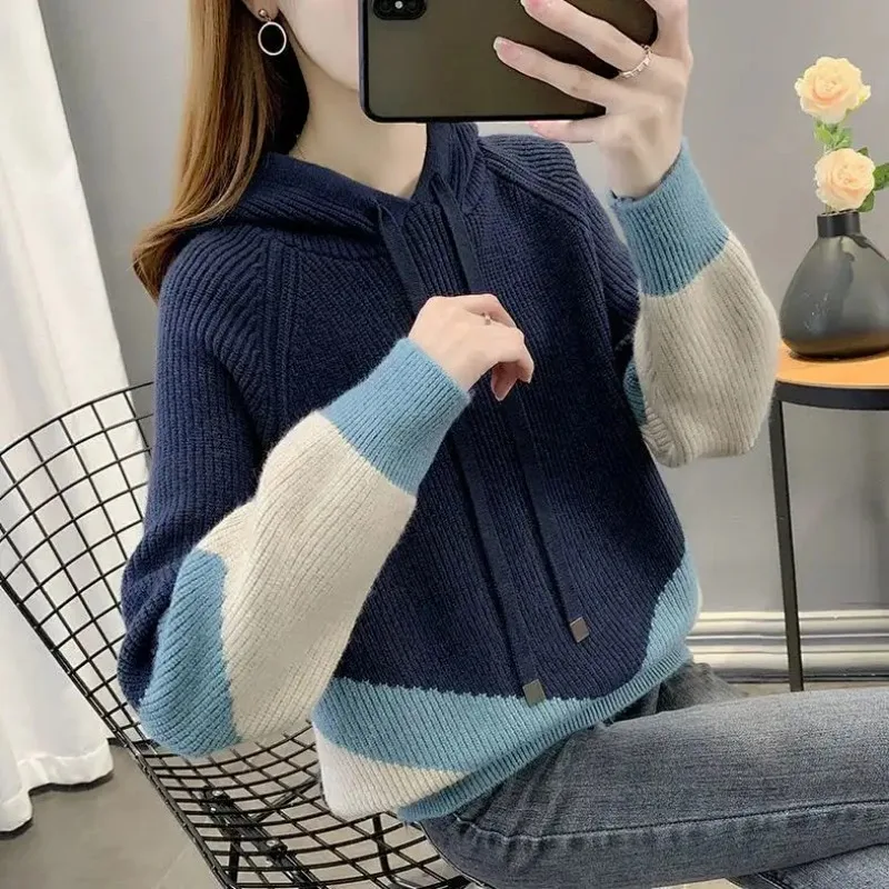 

Women's Red Blue Beige Color Block Knit Hooded Sweatshirt Drawstring Long Sleeve Casual Warm Daily Pullover Top