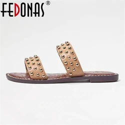 FEDONAS Ins Fashion Women Genuine Leather Sandals Rivets Flats Summer Casual Shoes Woman Soft Comfort Big Size Slippers Shoes