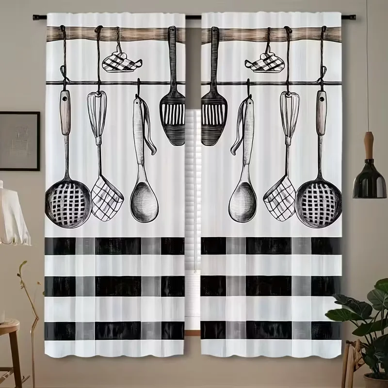2pc kitchen utensil curtain with hanging tools and checkered pattern for kitchen privacy and decor rustic farmhouse style