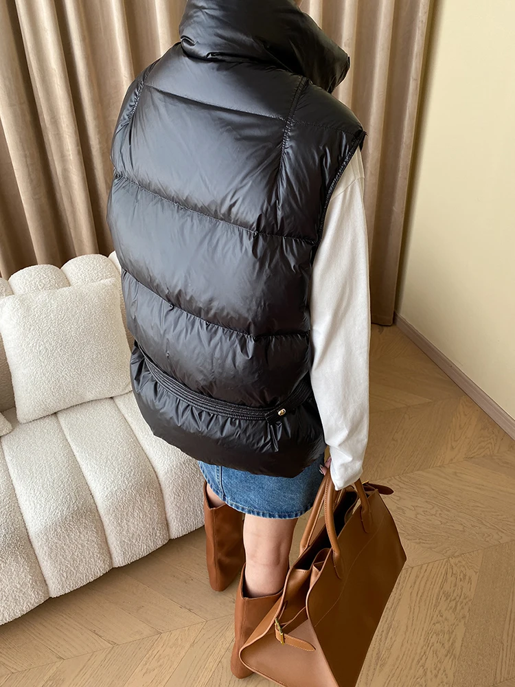 Women Loose Fit White Duck Down Big Size Warm Vest New Stand Collar Sleeveless Fashion Tide Autumn Winter  O669