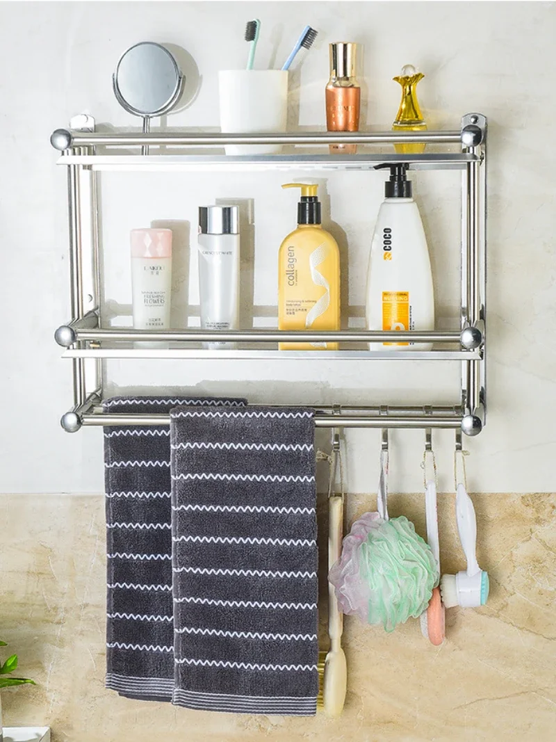 Bathroom Double Layer Stainless Steel Towel Rack Movable Towel Rack Simple Bathroom Wall-mounted Non Perforated Shelf Pendant