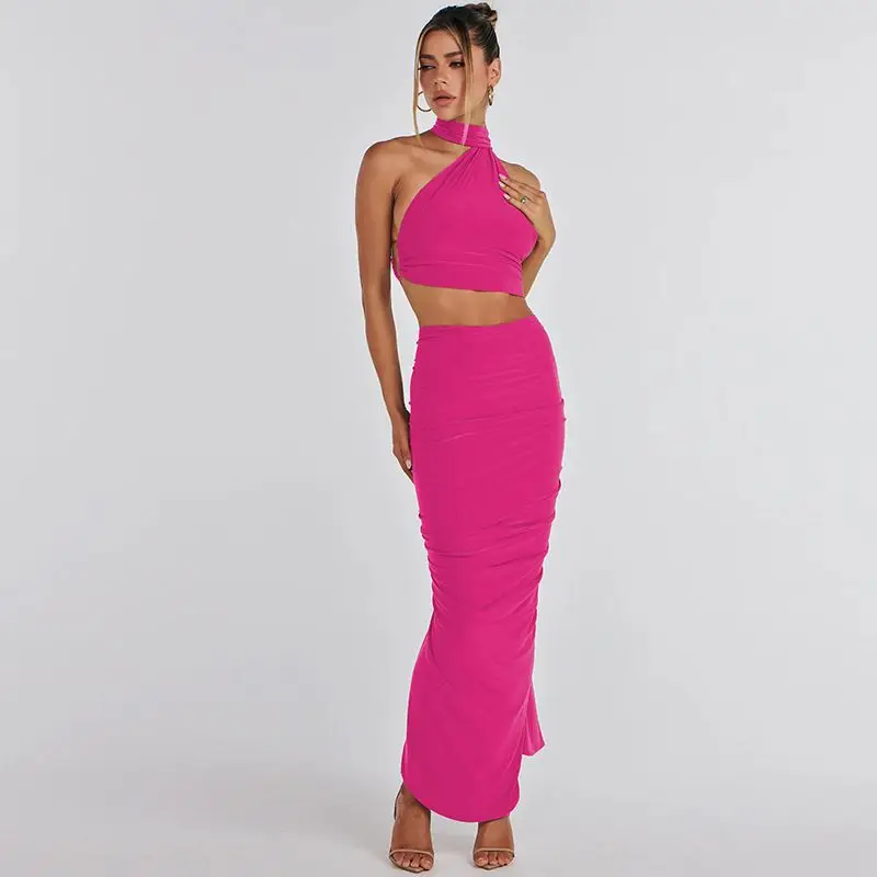 Elegant Banquet Dressing Solid Color Neck Hanging Two Piece Set Summer New Open Navel Pleated Half Skirt Set for Women