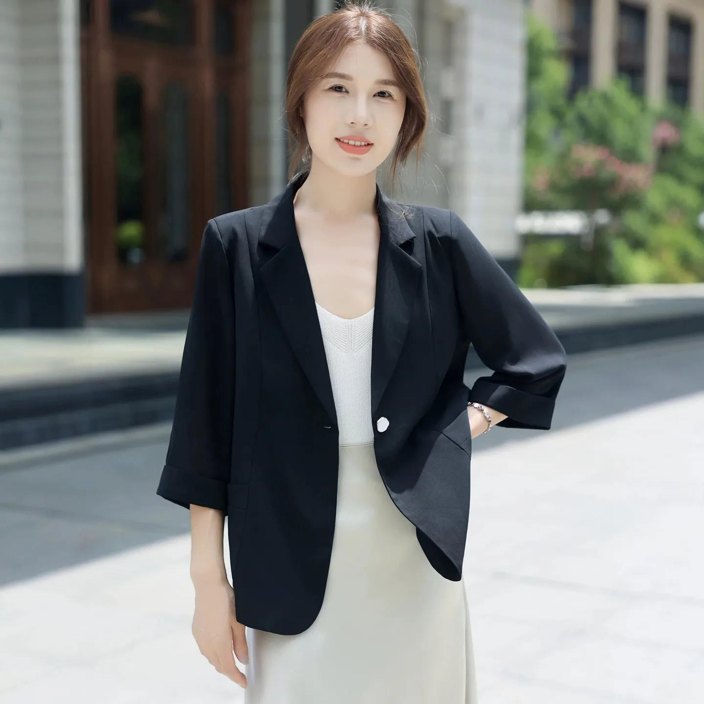 Thin Ice Sensation Women's Blazer Jacket Slimming Professional Outerwear with Seven-Length Sleeves Age-Defying Sun Protection