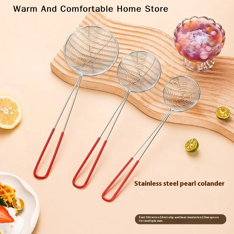 【SE】New Red Handle Strainer Spoon Stainless Steel Bubble Tea Colander Boba Milk Tea Spoon Pearl Round Strainer Kitchen Gadgets