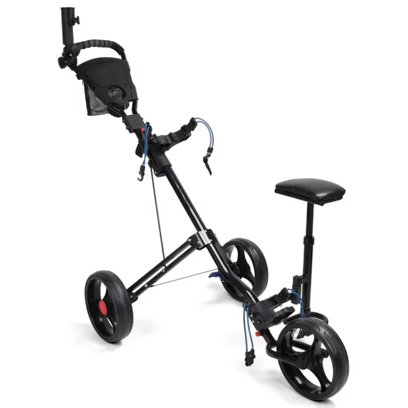 Foldable Aluminum Golf Cart Trolley 3-Wheel Push Pull Cart with Comfortable Seat for Rest and Relaxation on Course