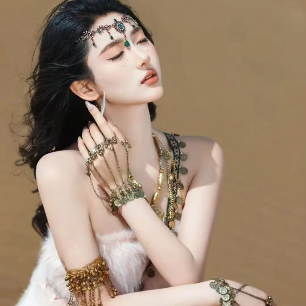 Ожерелье в стиле ретро в богемном этническом стиле, винтажное женское ювелирное изделие на шею, тибетское ожерелье с кисточками, аксессуар со стразами, цепочка на лоб, подарки
