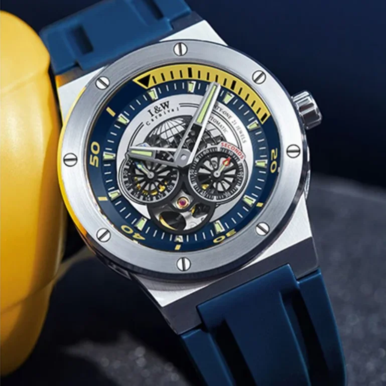 

Мужские автоматические часы I&W Pilot, 42 мм, механические наручные часы, водонепроницаемые, 5ATM, светящийся резиновый ремешок, сапфировое стекло, военный стиль