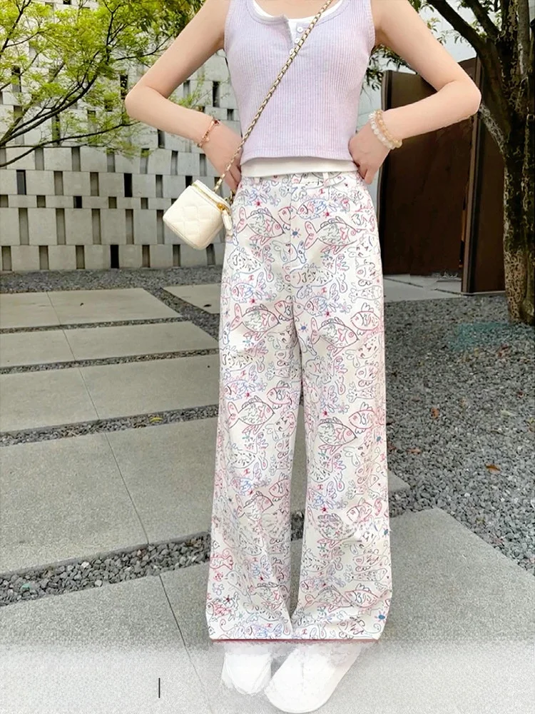 

High Waist Wide Leg Jeans Graphic Rainbow Fish Doodle Japanese Style Print Women's Straight Cut Casual Pants Cotton 100%