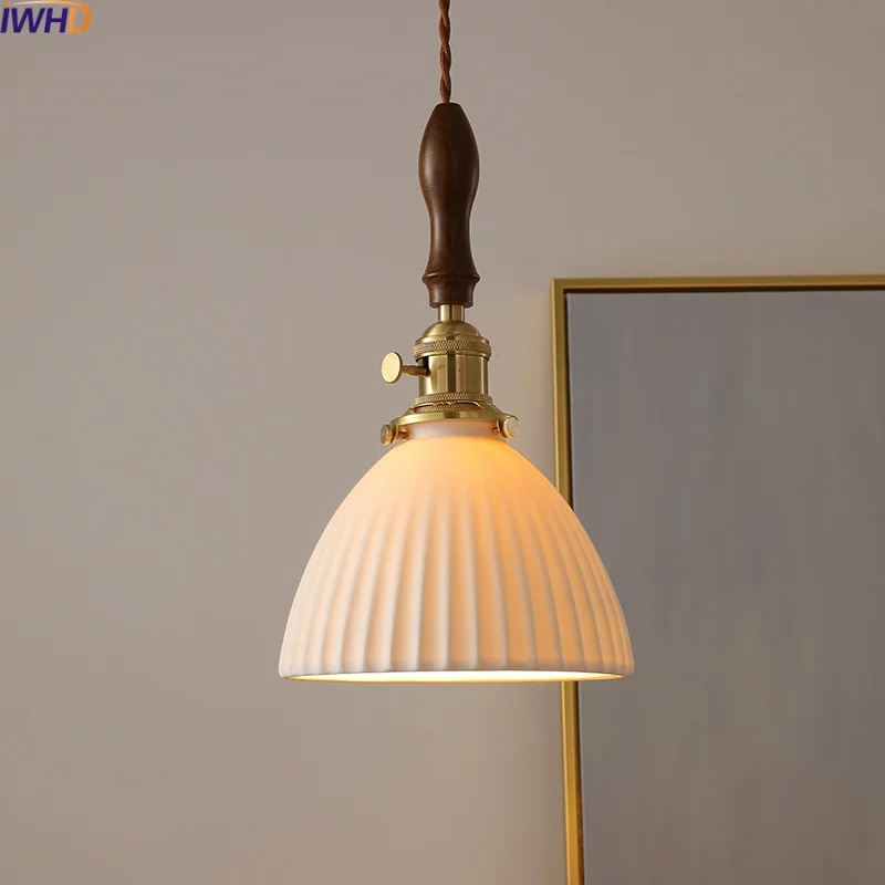 

IWHD Knob Switch LED Pendant Lamp Dining Room Bedroom Bar Coffee Nordic Hanging Lights Fixtures Ceramic Copper Lustre Pendente