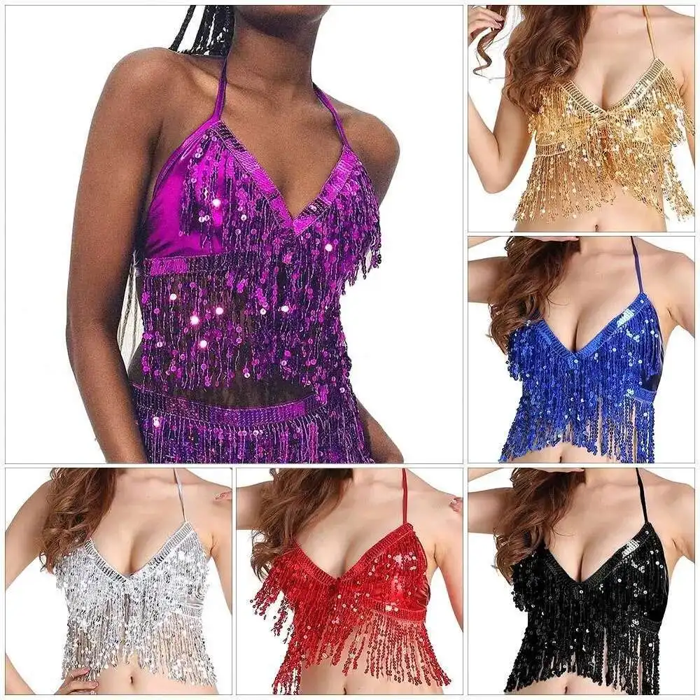 Top z cekinową frędzlą do tańca brzucha, biustonosz typu halter na występy w klubie nocnym, strój taneczny, kostiumy na pokazy, top typu halter na występy.