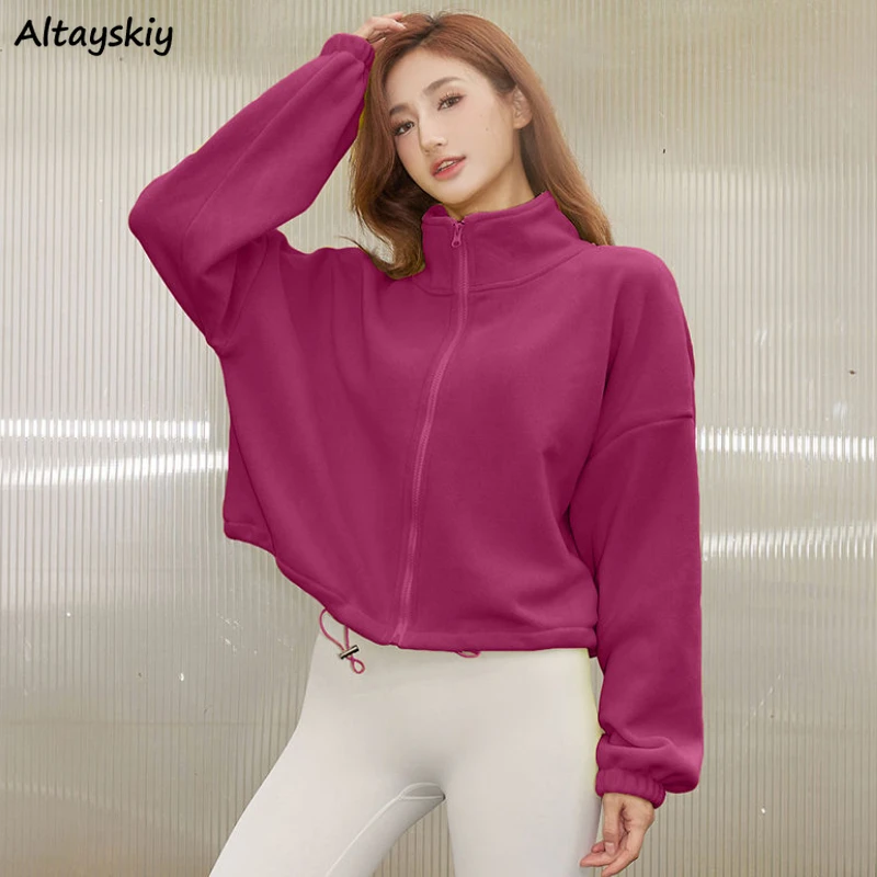 Sporty Jackets Women 6 Colors Plus Velvet Warm Stand Collar Jacket Fashion Lovely Female Fitness Loose Outdoor Autumn Outerwear