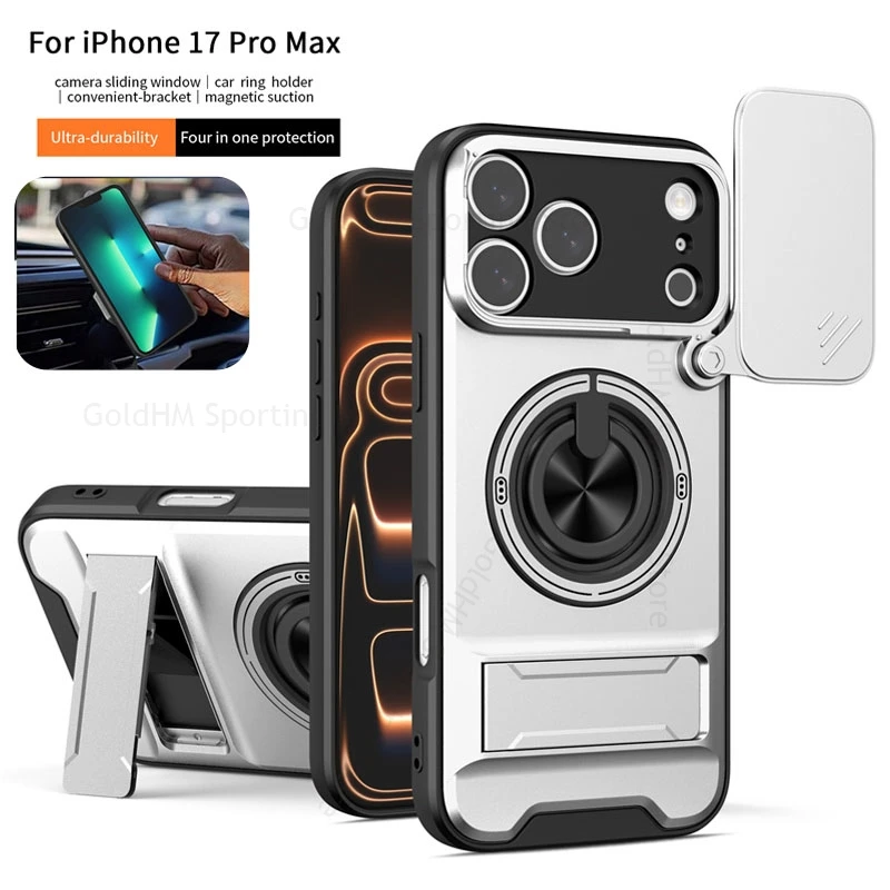 

For iPhone 17 Pro Max Push Window Case Lens Protector Kickstand Case For Apple 17 Air 15 13 Pro Max Magnet Ring Heavy Duty Cover