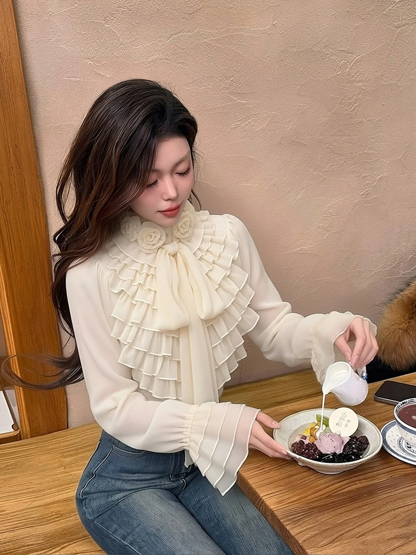 

Элегантный шифоновый топ Allure: универсальный, нежный стиль, женская мода, весенняя новинка KAISIO, с завышенной талией, приталенный, с длинным рукавом