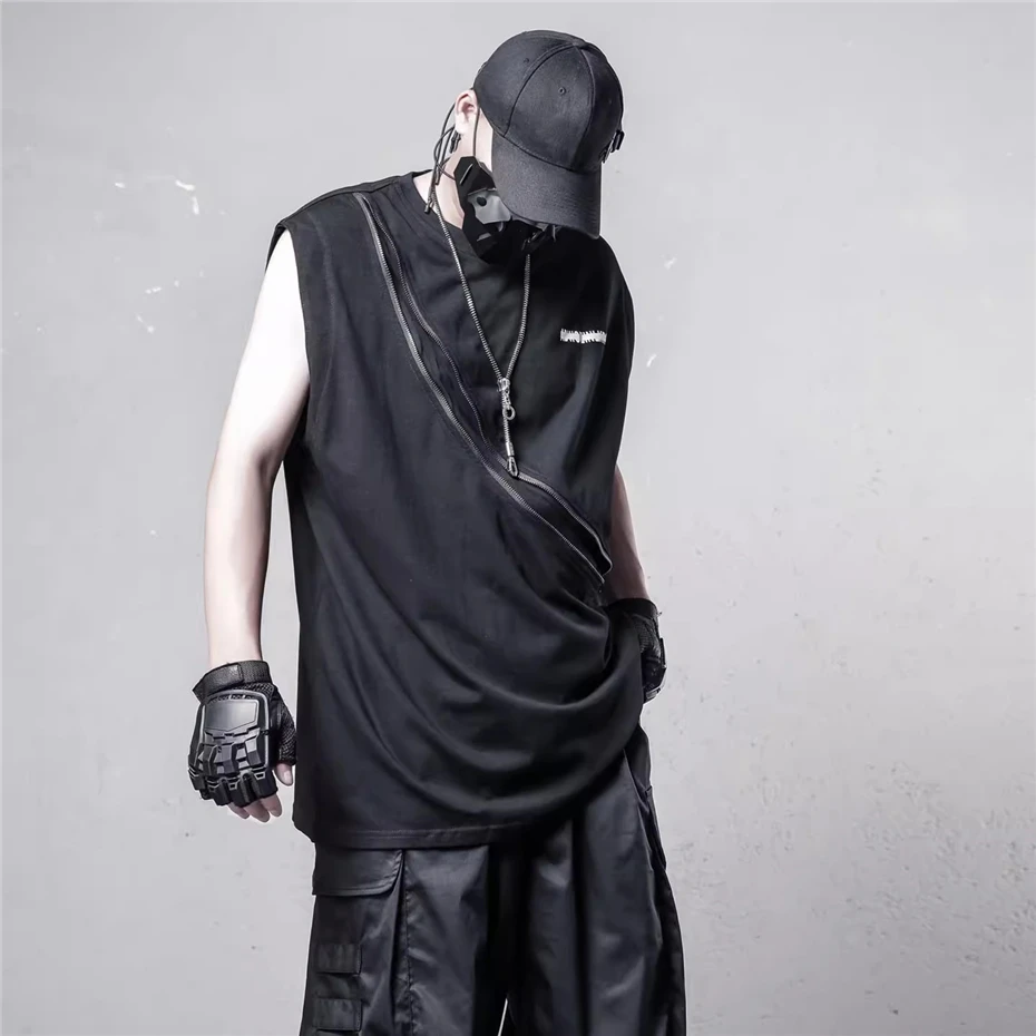 Summer Tank Tops Mens Streetwear Hip Hop Punk Sleeveless T-shirt Oversized Function Diagonal Zipper Design Casual Tees Tops Male
