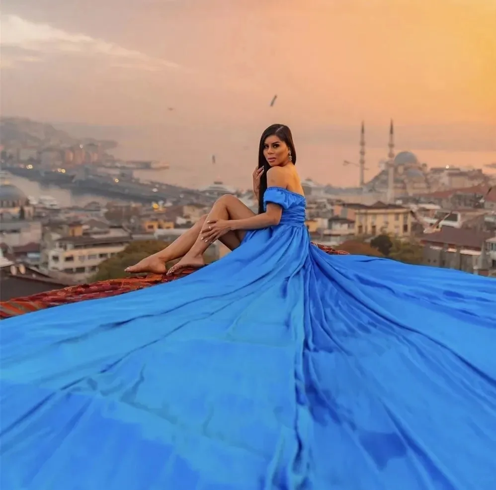 

Sexy Flying Blue Evening Formal Dress 2026 V-neck Backless Silt Long Tail Photography Prom Party Gowns Gala Beach Robe De Soiree