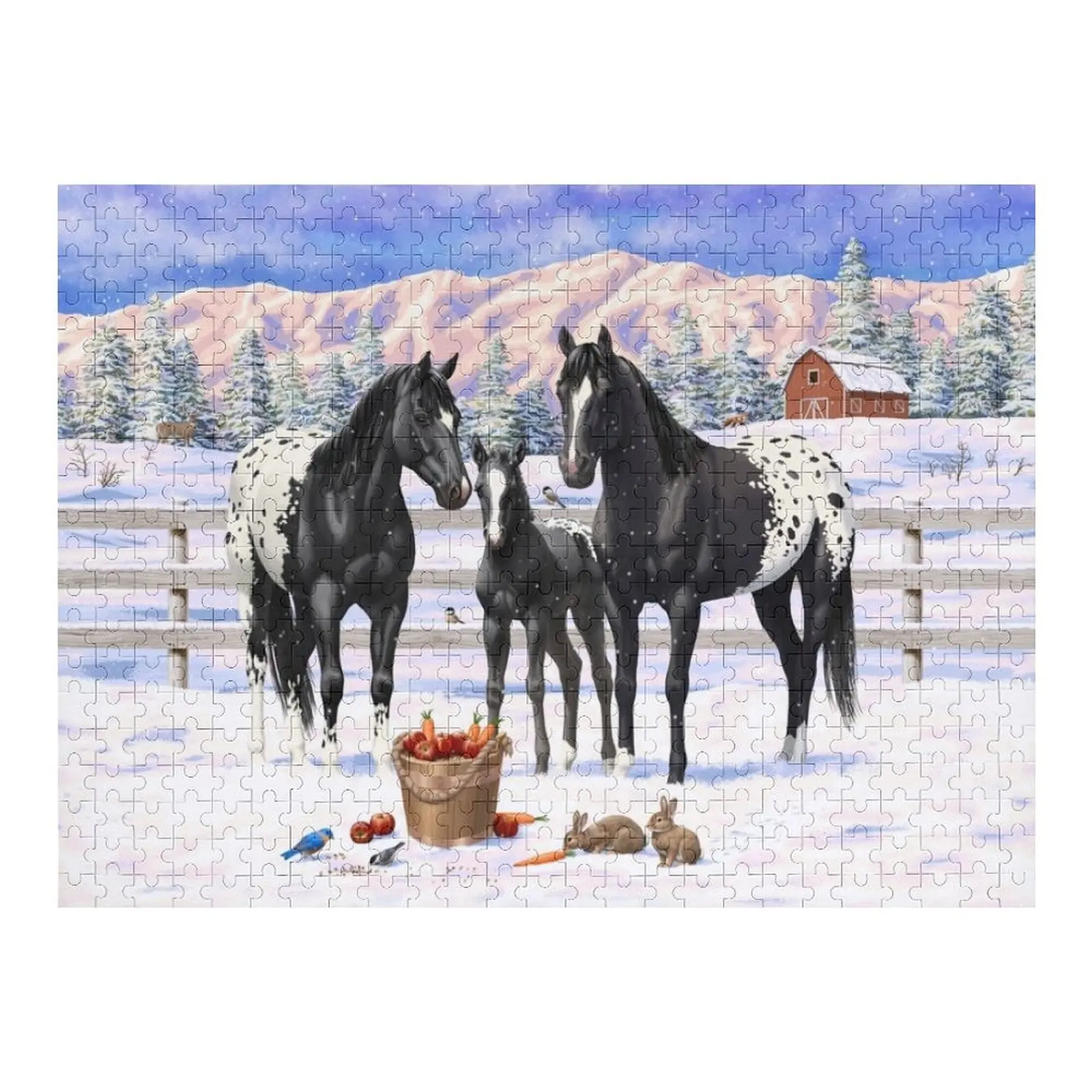 Cavalli neri di Appaloosa nella neve Puzzle Decorazioni in legno Dipinti Puzzle regalo personalizzato per bambini