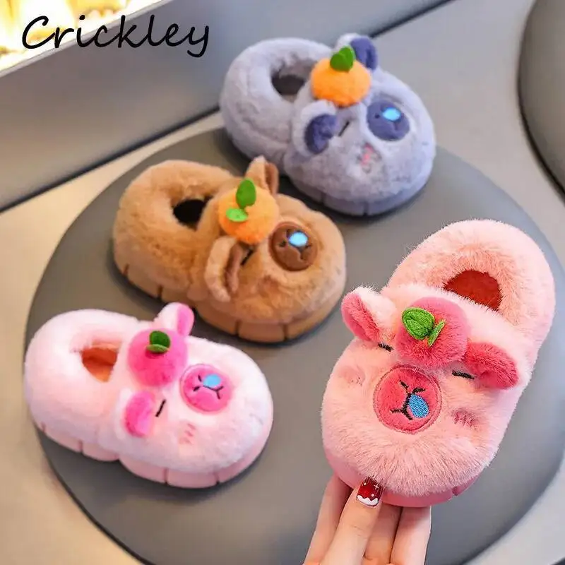 

Cute Cartoon Children Slippers Capybara Plush Warm Indoor Shoes For Boys Girls Winter Soft Sole Toddler Kids Slippers