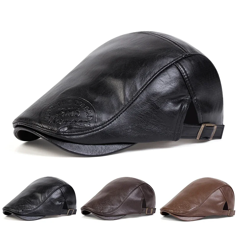 Herren Retro 1985 PU-Leder Newsboy Caps Britische Malerhüte Frühling Herbst Seitlich Verstellbare Flache Mütze Hip Hop Baskenmützen