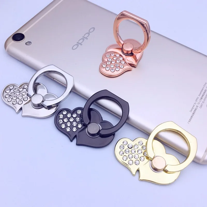 Mobile Phone Case DIY Accessory Metal Ring Holder Diamond Studded Double Heart-shaped Strong Adhesive Universal Phone Holder