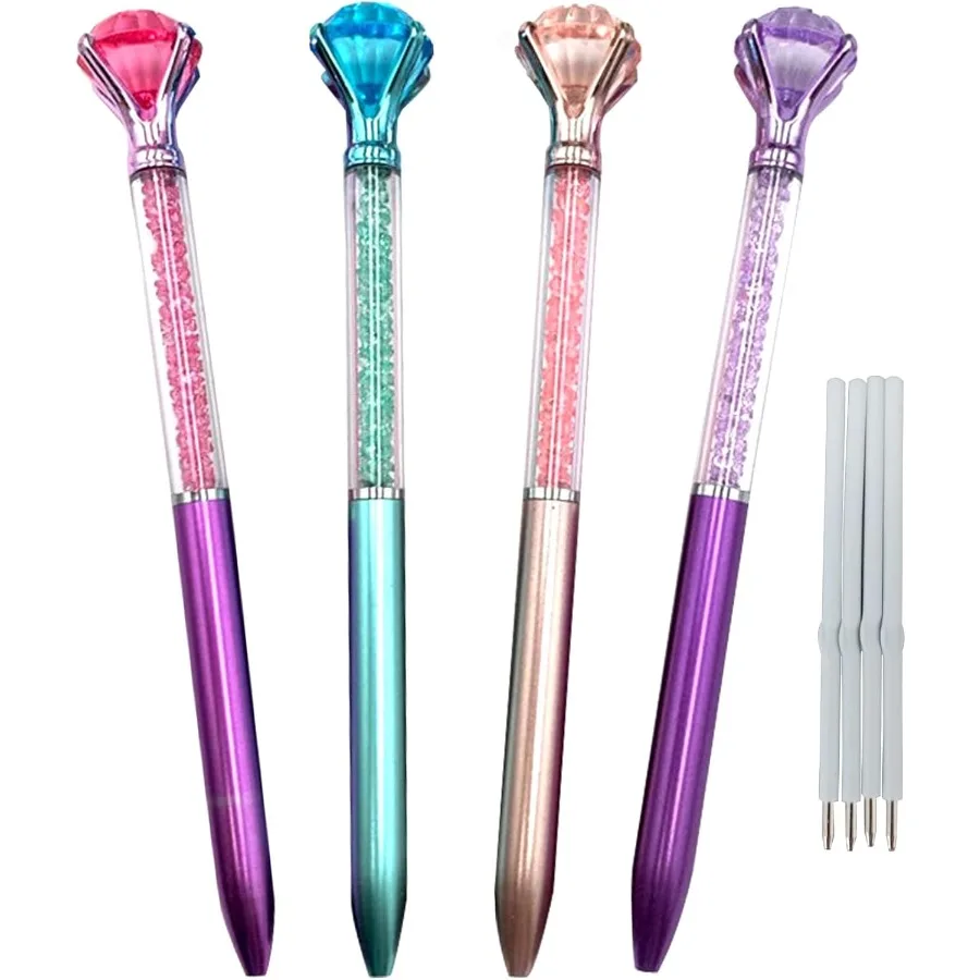 

Diamond Pens Pack of 4 Cute Ballpoint Pens Retractable Ballpoint Pen gem pens Rhinestones Crystal Bling Plated Metal Color Blue