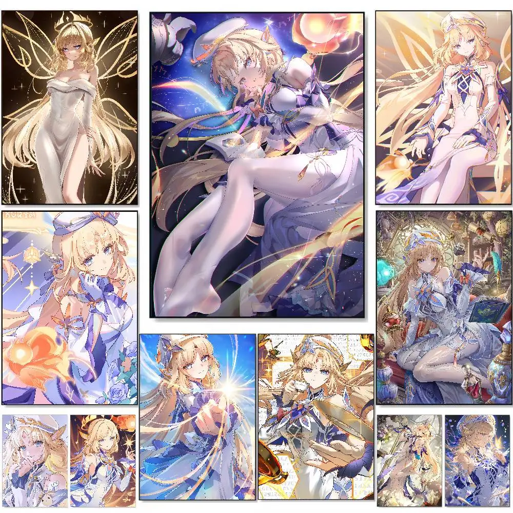 Hot Nicole Reeyn Genshin Impact Game Poster, Blonde Hair Winged Girl Fantasy Star Sky Print, Glowing Magical Gaming Room Decor