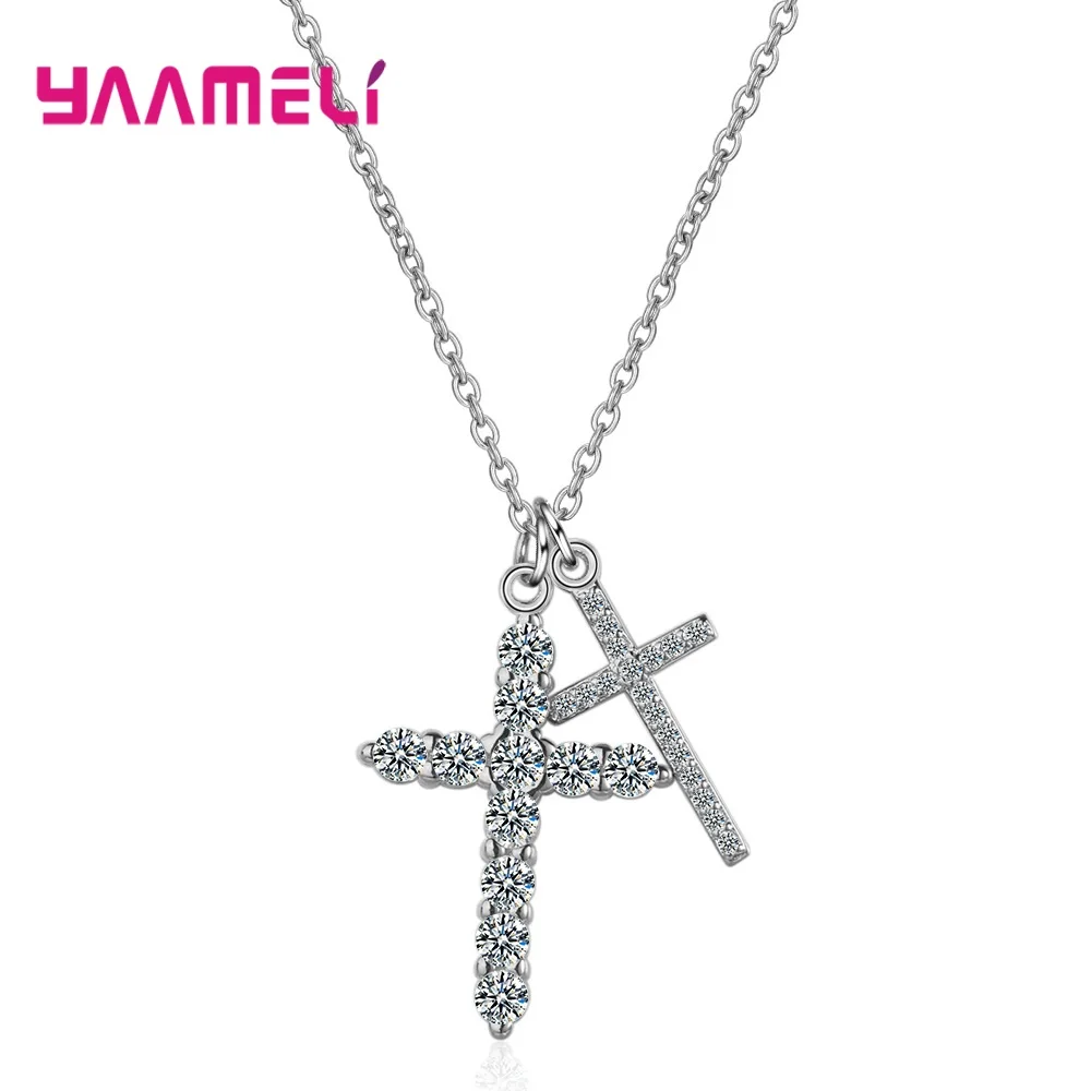 

Special Sale 925 Sterling Silver Jewelry Statement Double Cross Pendants Necklace White Topaz/Rolo O Chain Collar for Women