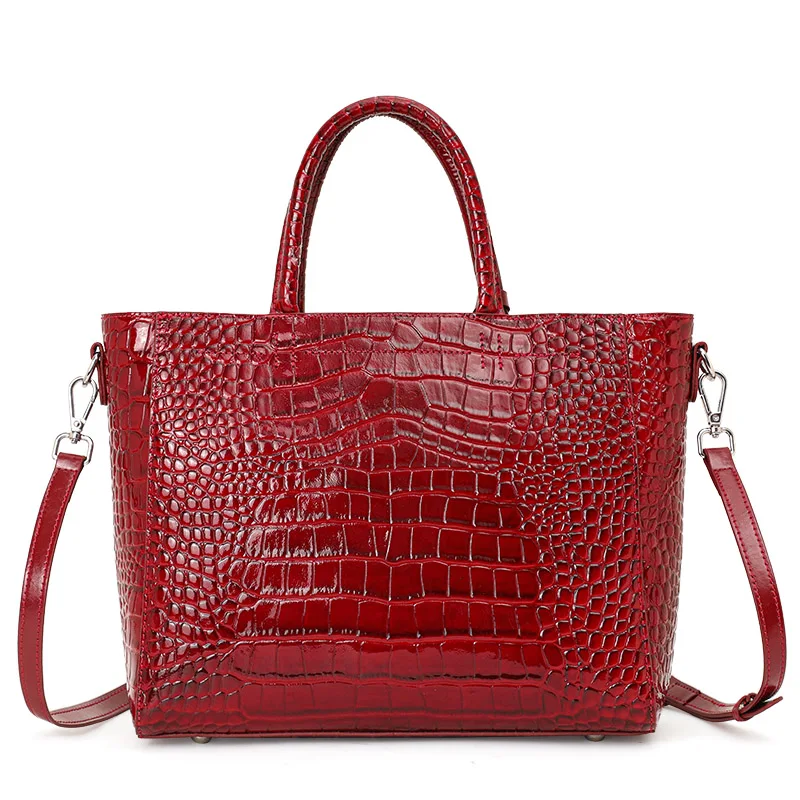 Aidrani Genuine Cowhide Women Tote Handbag Crocodile Texture Large Capacity Removable Shoulder Strap Bag for Daily Work Travel