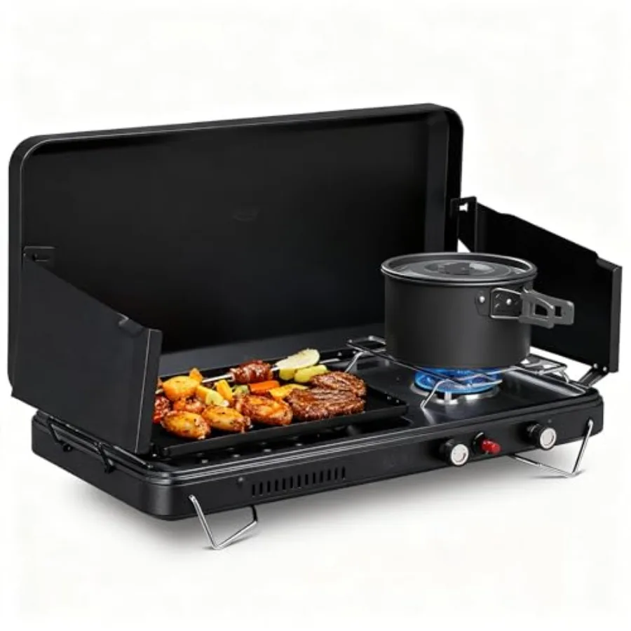 

Портативная походная плита 2 в 1 с пропановой решеткой для приготовления пищи на открытом воздухе: высокопроизводительная газовая плита 15000 БТЕ с автоматическим наполнением