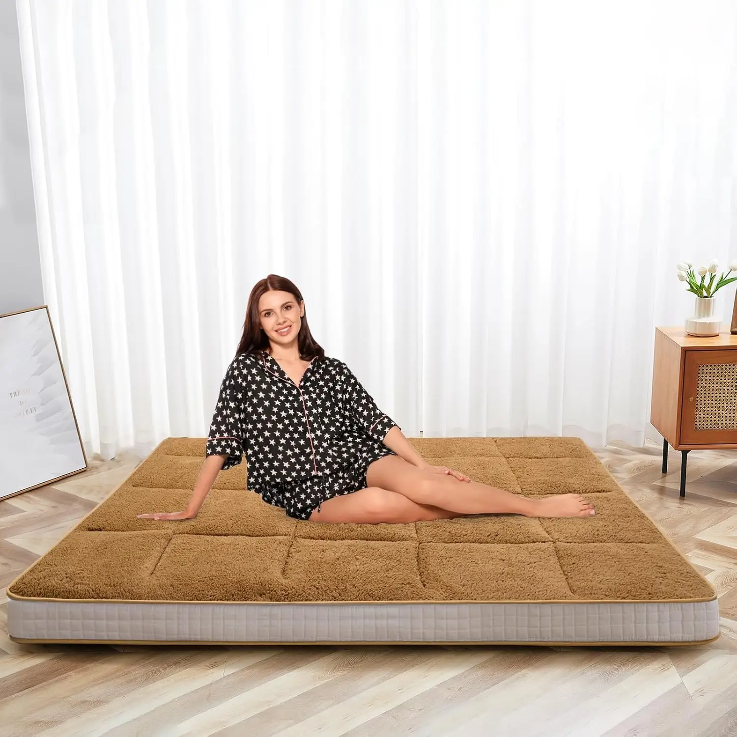 Sherpa Japanese Floor Mattress Futon Mattress, Thicken Roll up Mattress Tatami Mat, Foldable Mattress Topper Sleeping