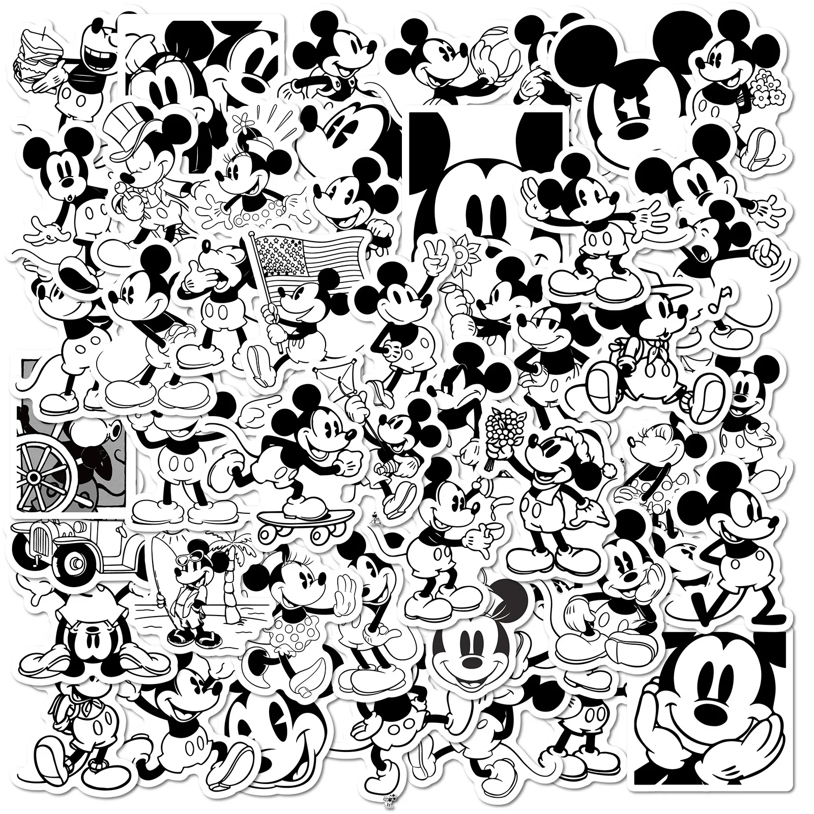 

10/30/50PCS Black White Mickey Mouse Mickey Minnie Sticker DIY Phone Laptop Luggage Skateboard Graffiti Decals Fun for Kid Gift