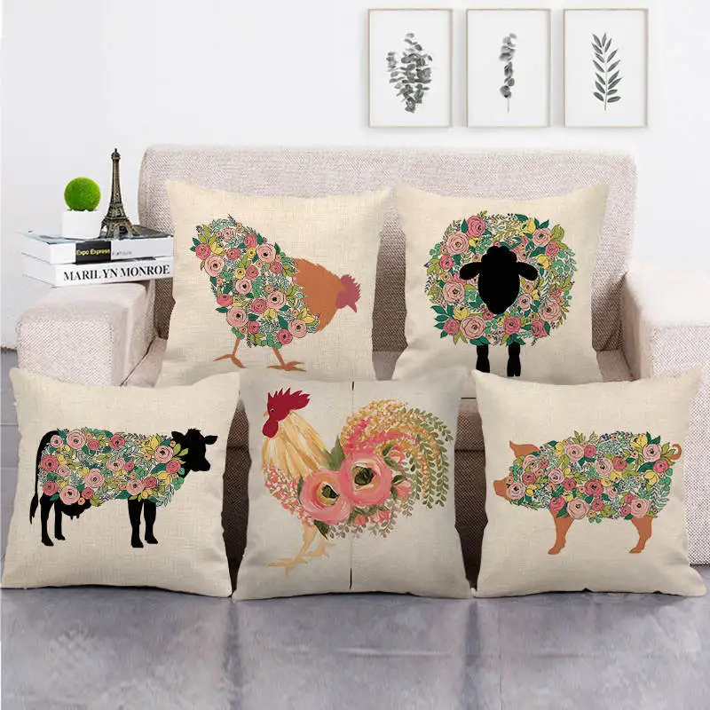 

Farm Chicken Sheep Pillow Case Flower Linen Decorative Pillowcase for Pillow Sofa Bed Chair Throw Pillow Cover Decor Home 45x45