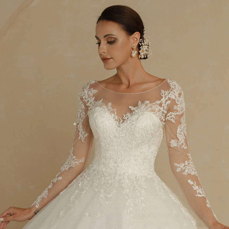 Elegante bianco scollo tondo Appliques maniche lunghe abiti da sposa 2023 lunghezza del pavimento corte treno Lace Up abito da sposa su misura