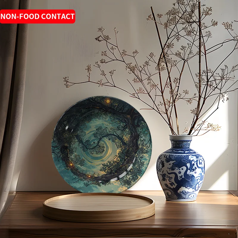 1pc Round Ceramic Decorative Plate with Tree & Sky Design - Non-Food Contact Artistic Home Decor for Living Room, Bedroom,