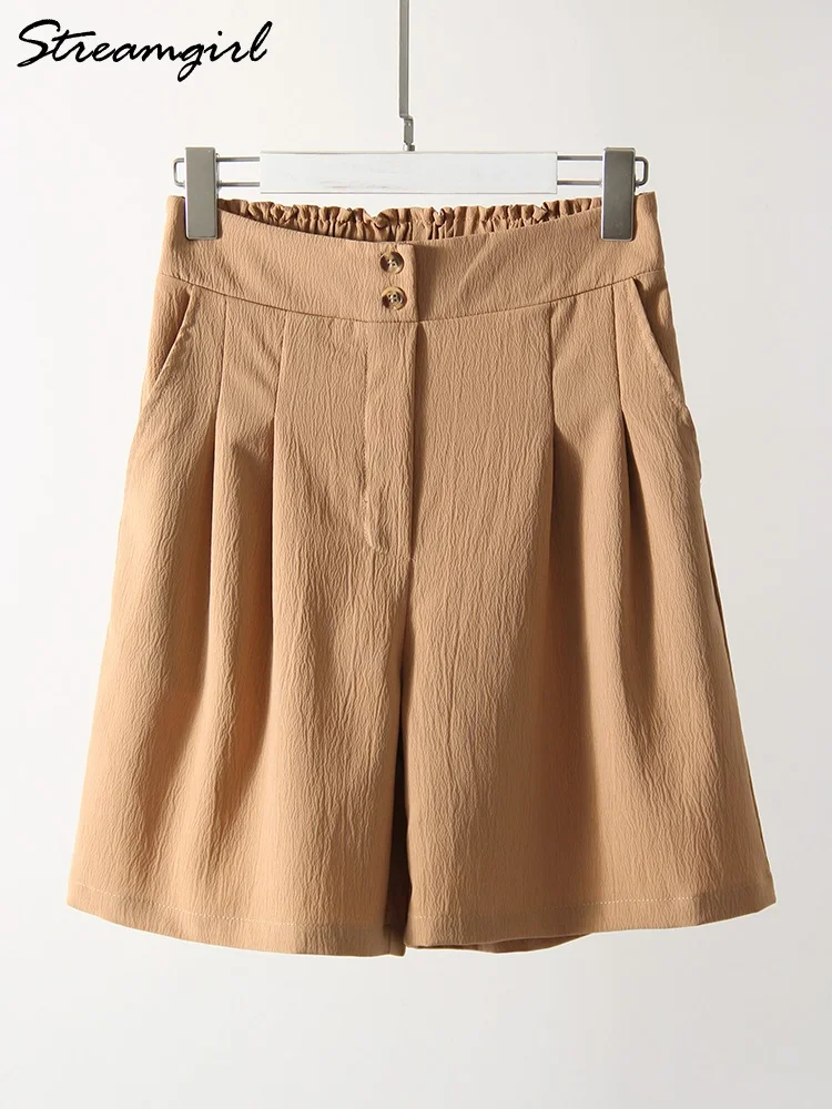 Streamgirl Khaki Long Shorts Women High Waist Summer Solid Loose Black Office Pocket Knee-length Shorts For Women Long