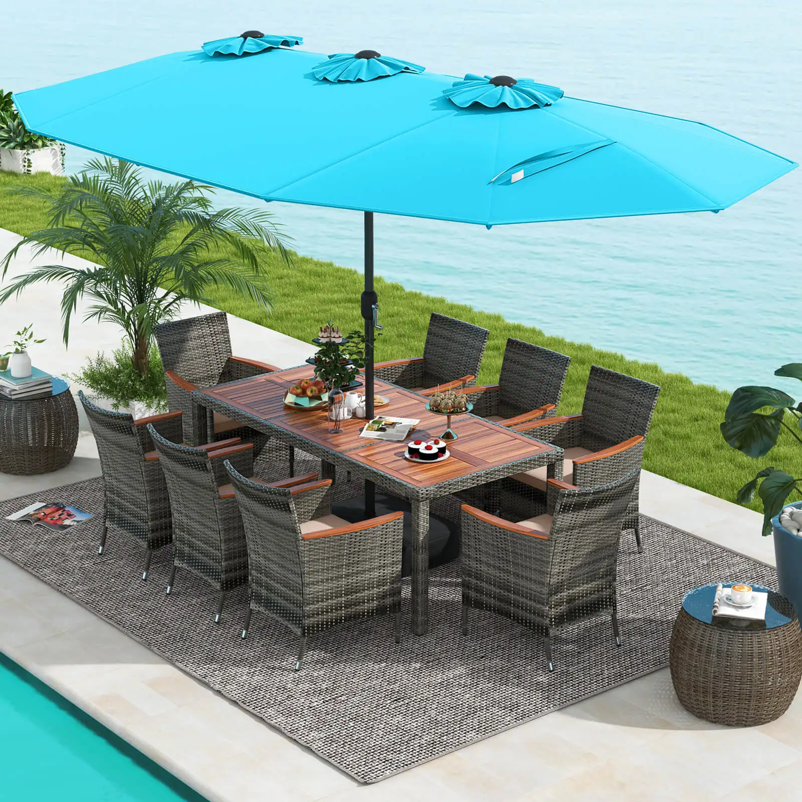 

10 Pieces Patio Wicker Dining Set with Double-Sided Patio Umbrella 8 Armchairs Turquoise