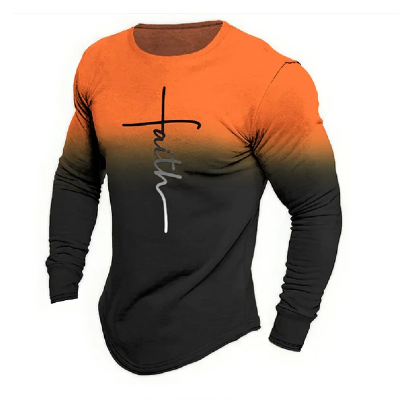 

Gradient Cross Print Men's T Shirt Fashion Cotton Long Sleeve T-shirt Casual O-neck Loose Pullover Tops Autumn Street Clothing