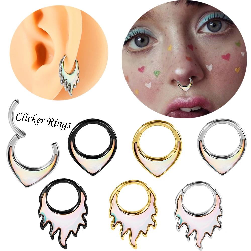 Stainless Steel Waterdrop Rook Daith Earrings Clicker Segment Nose Rings With Flash Film Helix Cartilage Tragus Nostril Piercing