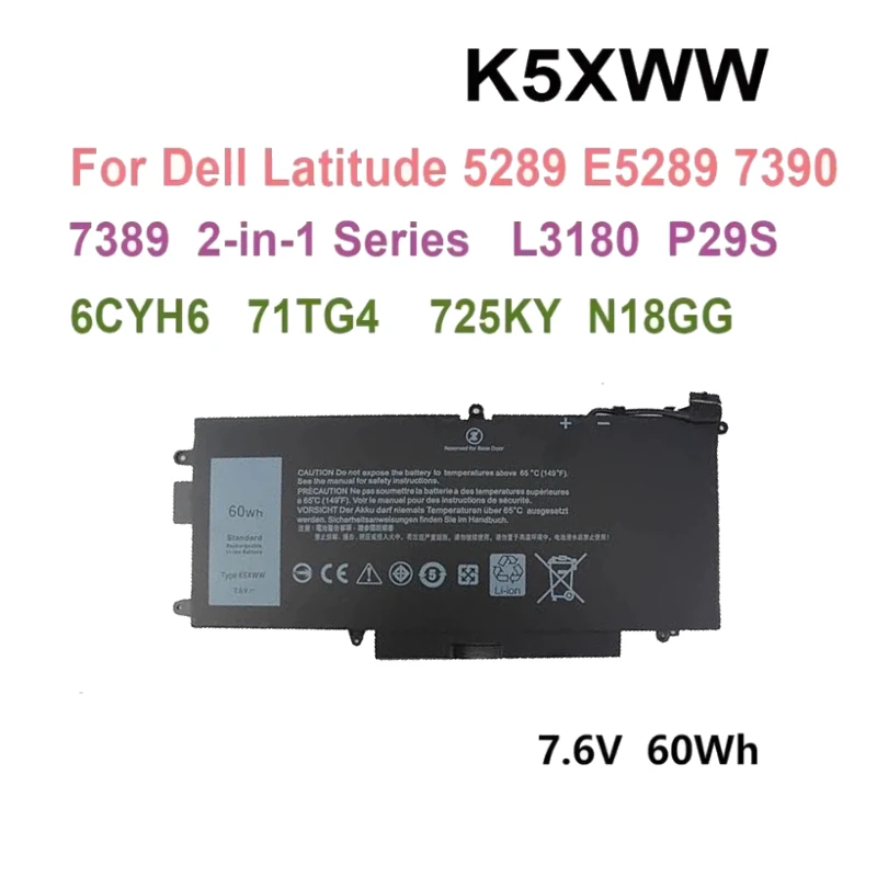 High-Quality K5XWW 7.6V 60Wh Laptop Battery for DELL Latitude 5289 7389 7390 E5289 E7389 71TG4 725KY N18GG 2-in-1 Notebook