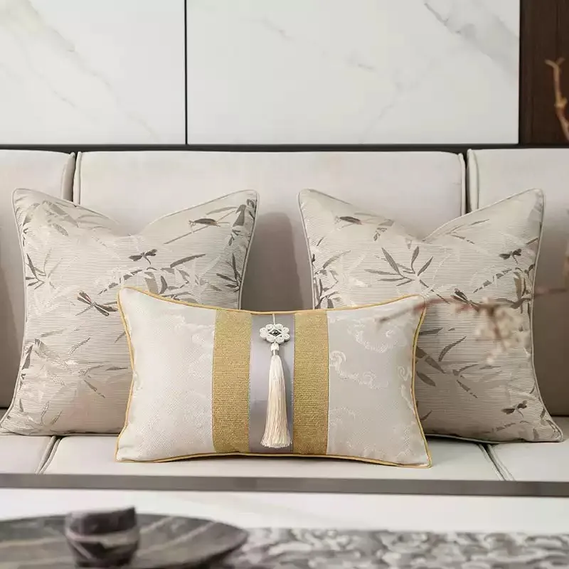Chinese style yellow and beige pillowcase cushion cover Dragonfly  splicing tassel waist pillow cover