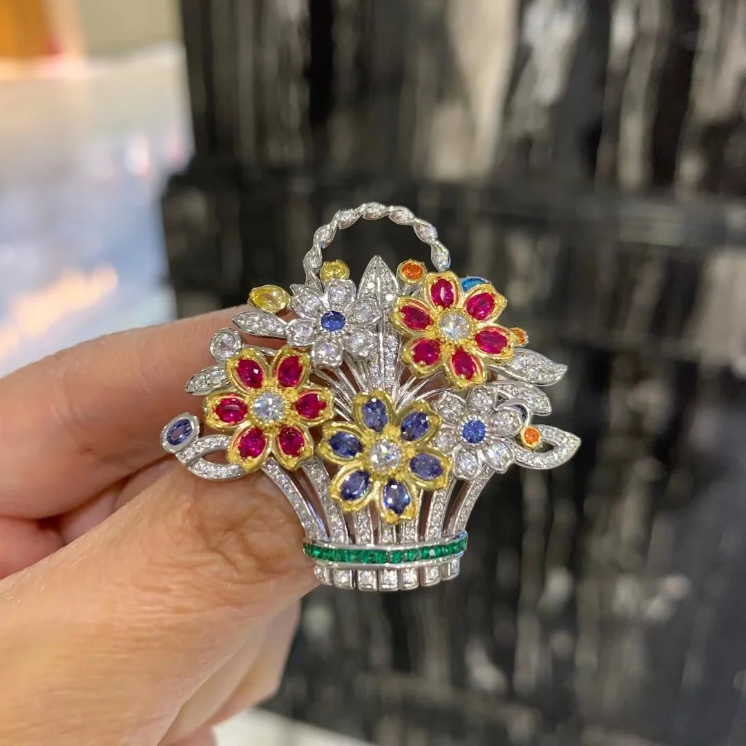 cute romantic flower basket brooch gaily decorated basket 925 sterling silver with cubic zircon queen elizabeth jewellery