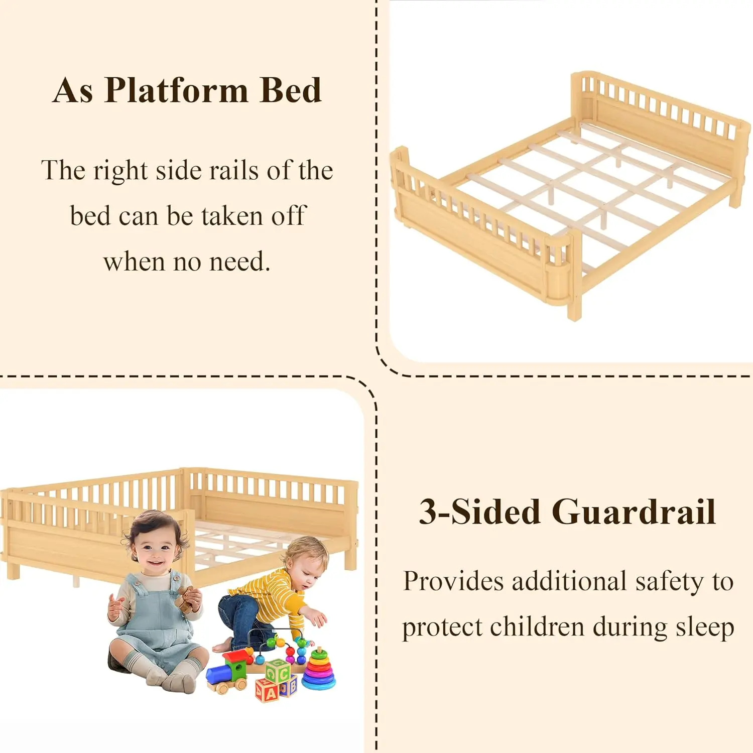 Wood Montessori Queen Bed with Detachable Fences, Kids Daybed Frame, Low Profile & Rounded Corners, Natural