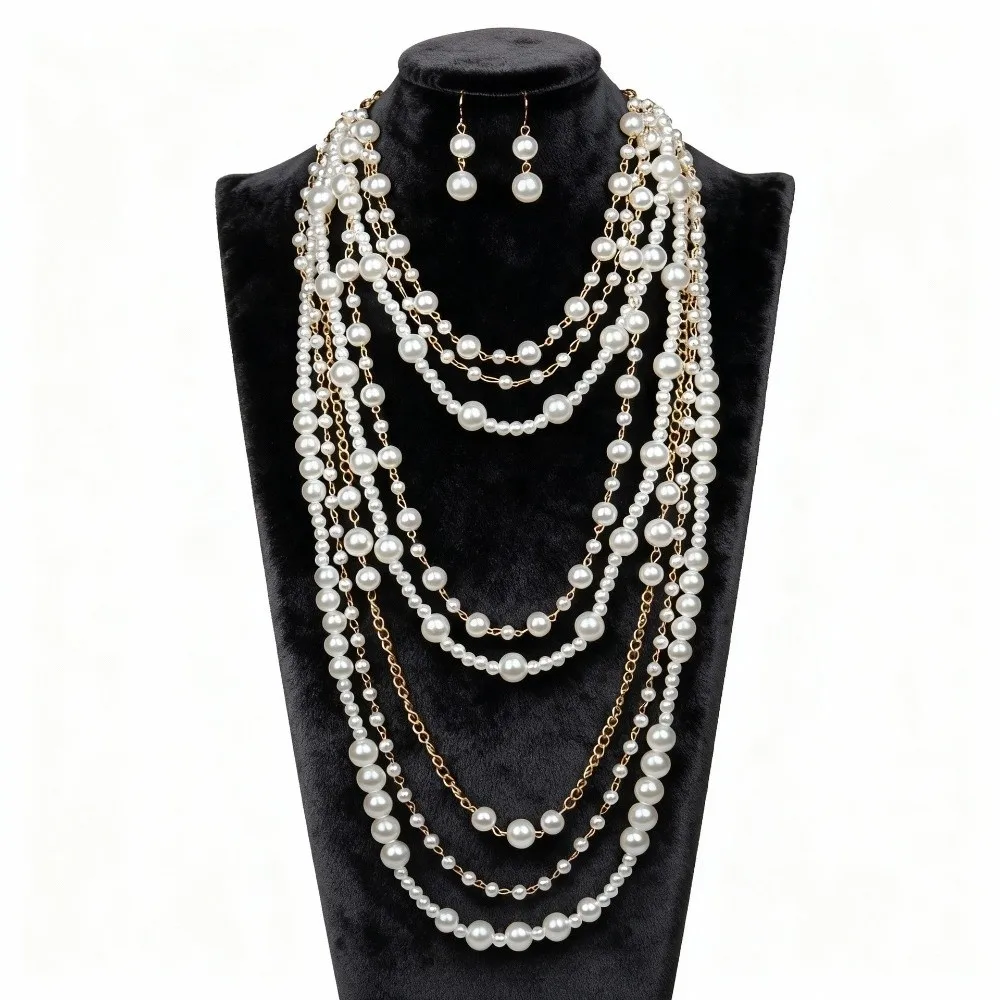 Elegant Imitation Pearl Necklace Layered Luxury Beaded Necklace Handmade Vintage Imitation Pearl Earring Set Party Accessories