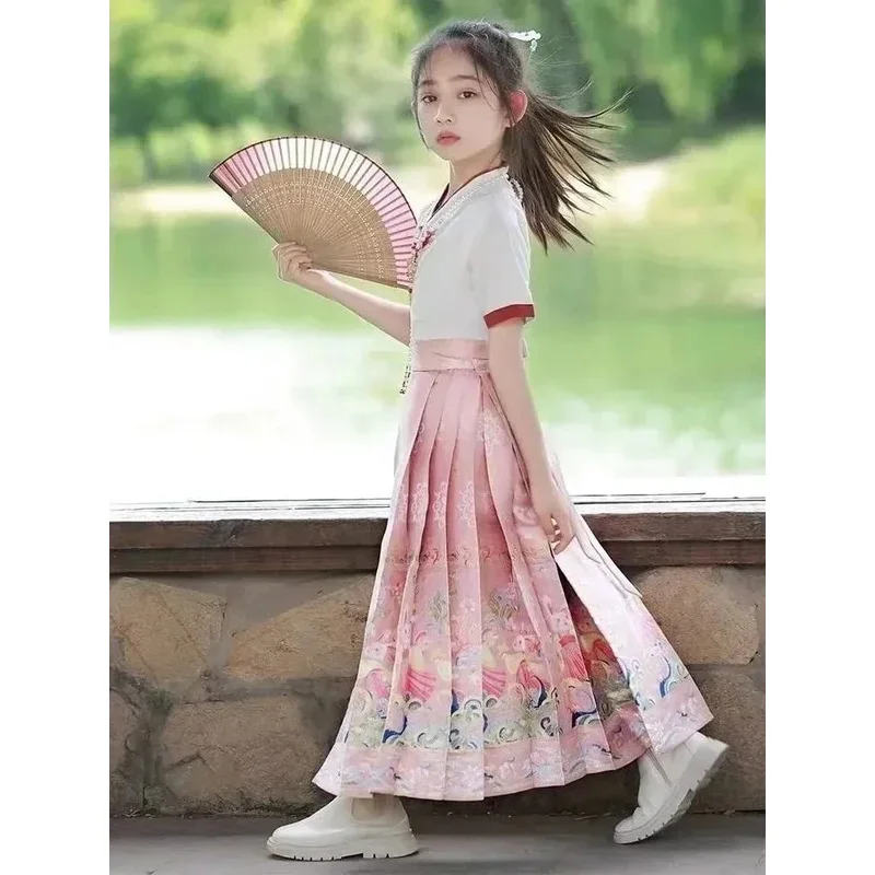 Chinese Traditional Costume Horse Face Skirt for Girls Summer Childrens Ancient Clothing Hanfu Suit National Style Daily Cosplay