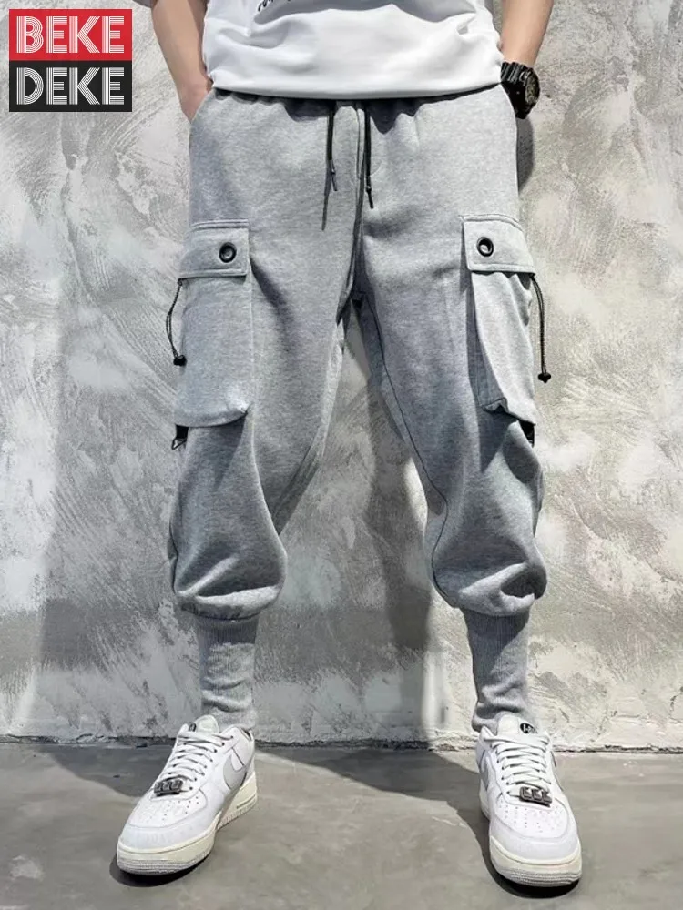 Mens Elastic Waist Loose Fit Harem Pants Pocket Hip Hop Spring New Joggers Pants Streetwear Grey Long Trousers New Cargo Pants