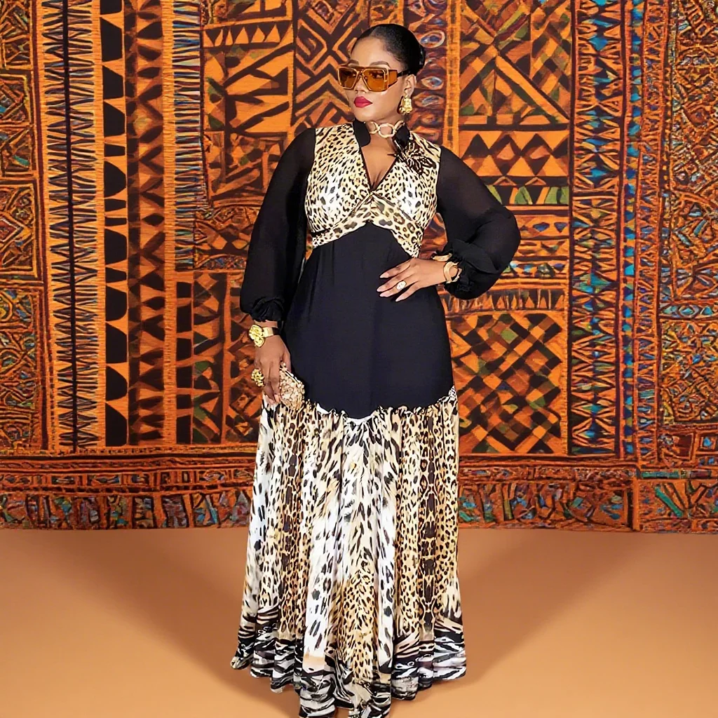 

MD 2025 African Dress Plus Size For Women Elegant Africa Clothing Wedding Party Leopard Print Long Sleeves Autumm Summer Dress