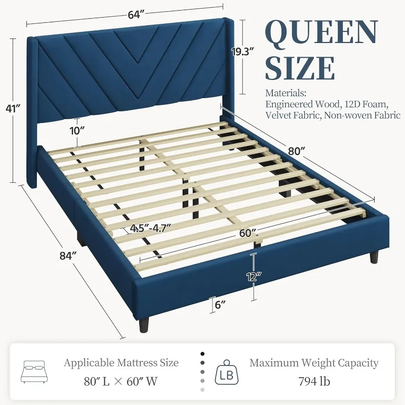 Bed Frame Upholstered Platform Bed with Wing Side/Wooden Slat Support/Tufted Headboard with Wing Side/Mattress Foundation