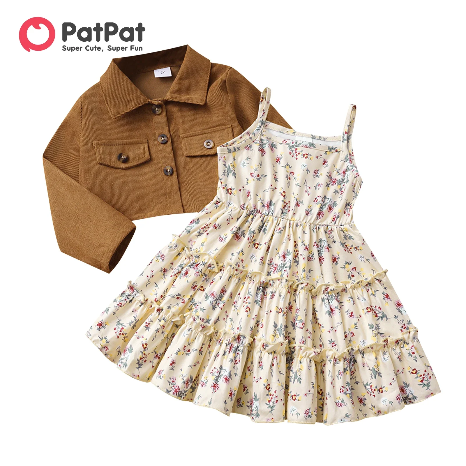 PatPat 2pcs Toddler Girl Buttons Front Long-sleeve Jacket and Allover Floral Print Ruffle Slip Dress Set Perfect for Outings