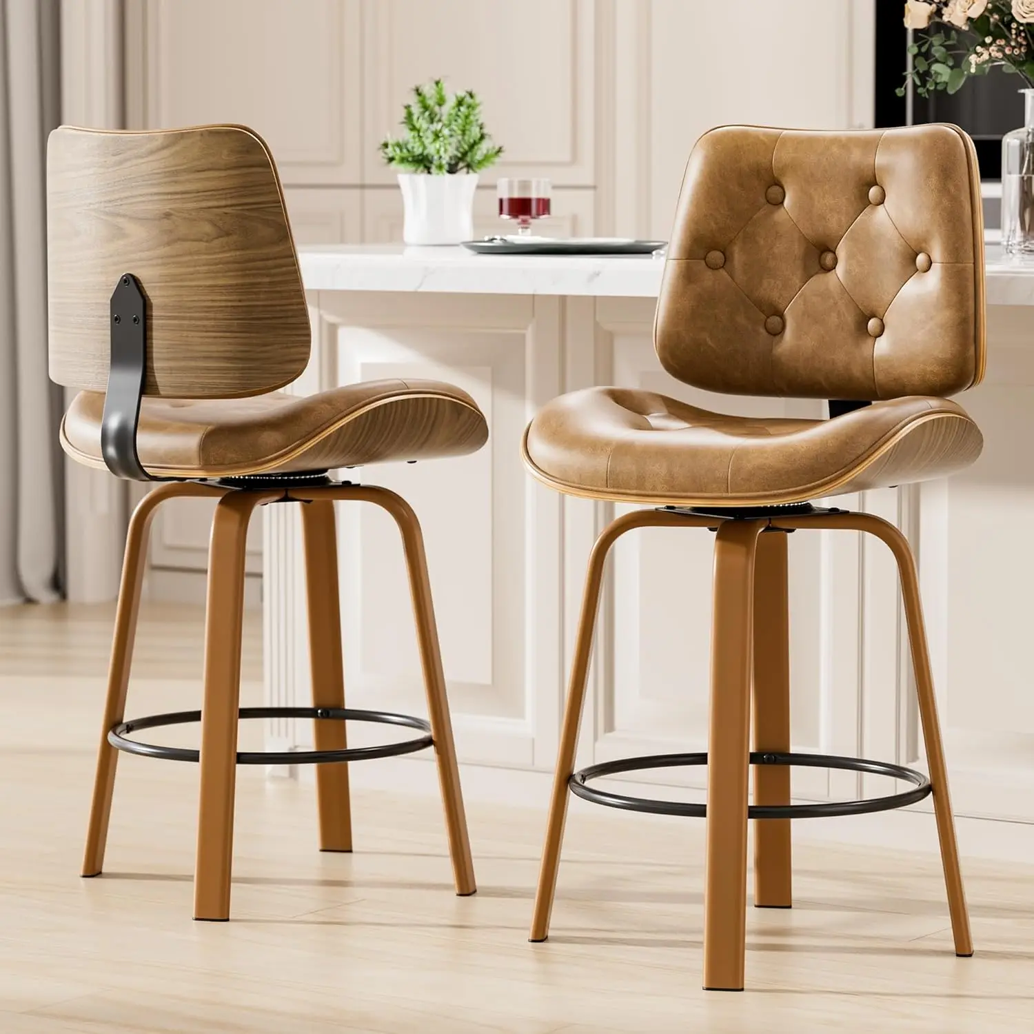 

Brown Bar Stools Set of 2, 26 Inch Counter Height Stools for Kitchen Island, Swivel Barstools with Bentwood Back, Customized