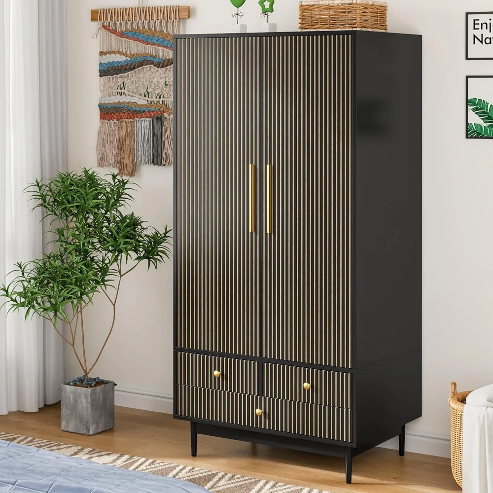 

Armoire Wardrobe Closet with 2 Fluted Doors,64.96" Wooden Clothes Storage Cabinet with Hanging Rod and Shelf Storage,Wardrobe Ca
