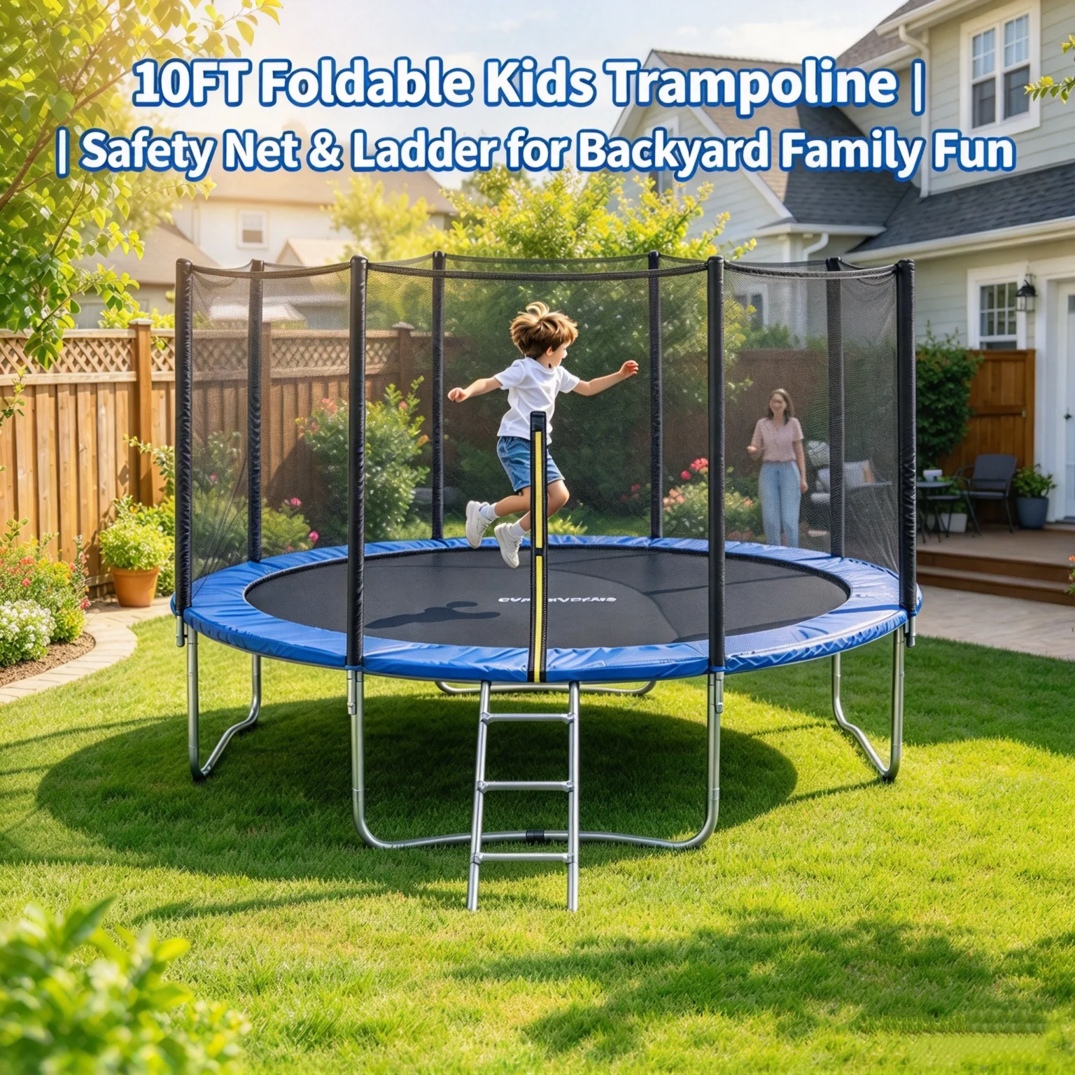 Outdoor Trampoline with Safety Net & Ladder, Soft Backyard Family Trampoline for Kids Protective Net Exercise Trampoline